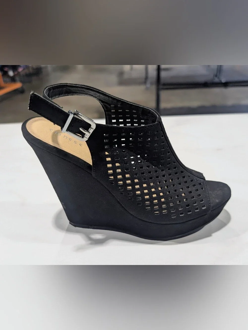 Chinese Laundry Black Perforated Peep-Toe Wedge Sandal